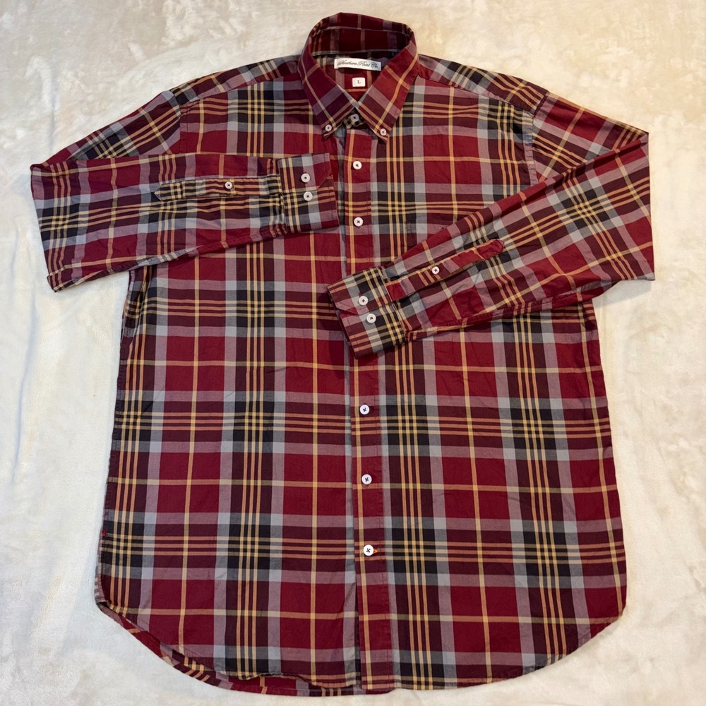Southern Point Co Mens Large Red Plaid Cotton Button Down Shirt Pointer Dog Logo
